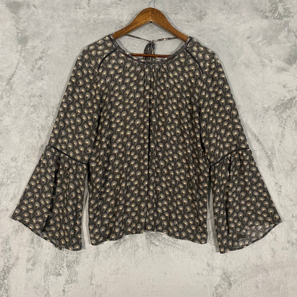 LOFT‎ Blouse Sz M Brown Peacock Feather Print Bell Sleeve Flowy Boho Whimsigoth